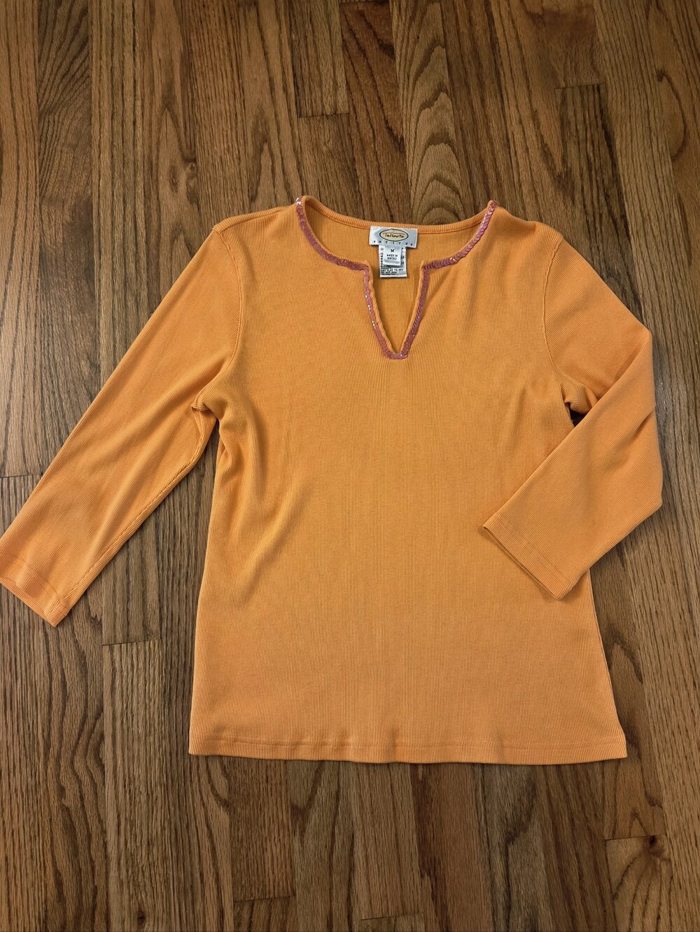 Talbots Peach-Orange Sequin-Trim Split Neck Top Size: MP